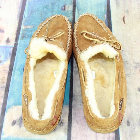 LL Bean Brown Suede Shearling Lined Wicked Good Moccasin Slippers Size 9 M - Picture 6 of 9